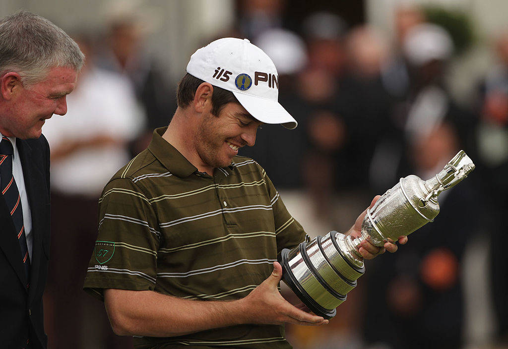 Louis Oosthuizen admires the Claret Jug after winning The Open in 2010